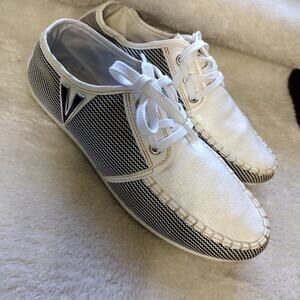 Men’s Boat Shoes Sneaker Sz 7 Canvas Flat White Black Lace up White Black